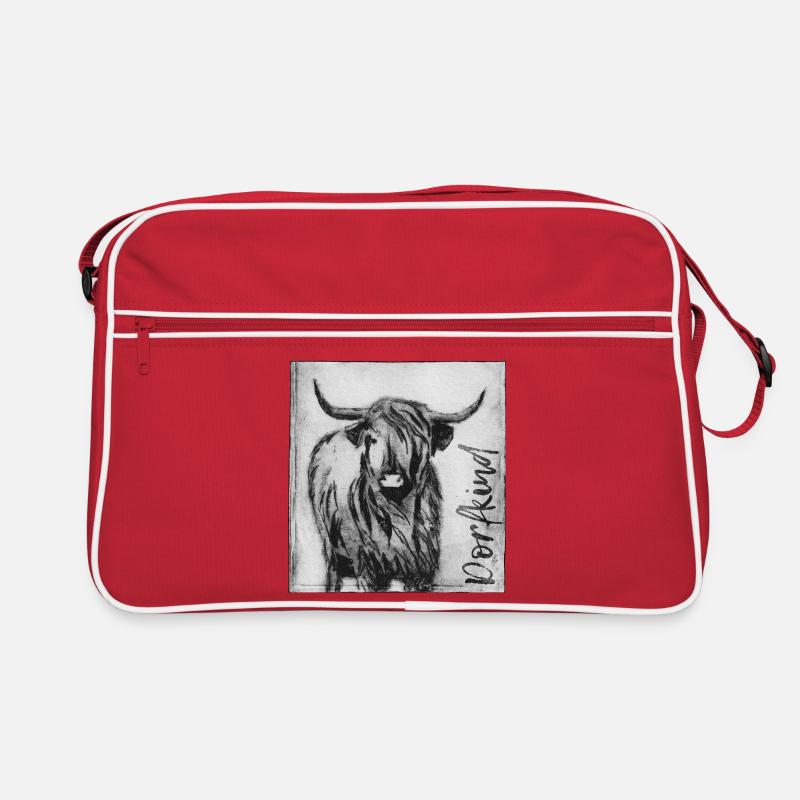 Dorfkind mit Rind - handgeschnitzte Druckvorlage - Retro Tasche - Rot/Weiß