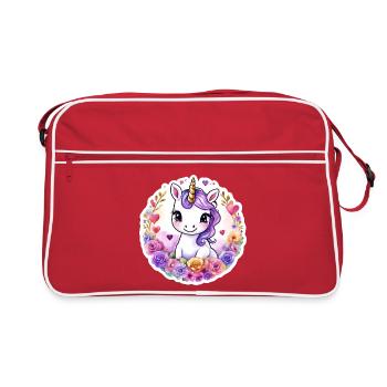 Licorne avec des fleurs/Roses colorées - Licorne douce - Sac Retro - rouge/blanc - Devant