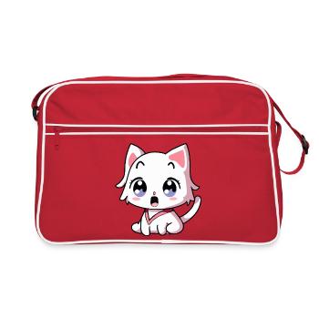 Kawaii White Chibi Cat - Surprised Anime Kitty - Retro Bag - red/white - Front