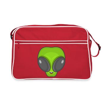 Grüner Alien Kopf - Retro Tasche - Rot/Weiß - Vorne