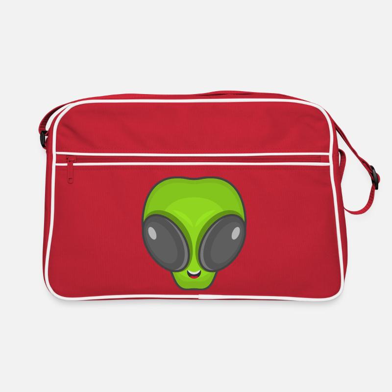 Grüner Alien Kopf - Retro Tasche - Rot/Weiß