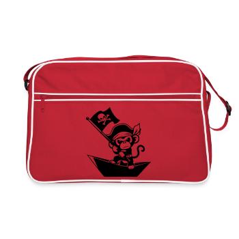Pirat Affe im Papierboot - Retro Tasche - Rot/Weiß - Vorne