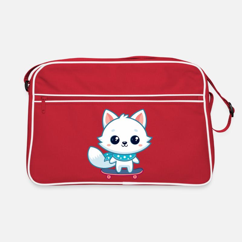 White fox on blue skateboard Retro Bag