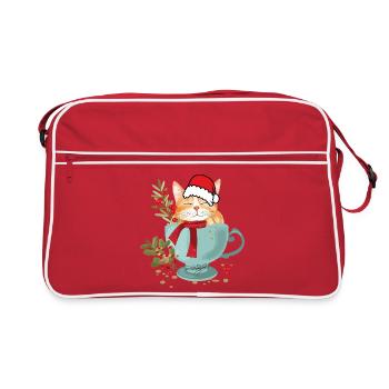 Katze mit Weihnachtsmütze  - Retro Tasche - Rot/Weiß - Vorne