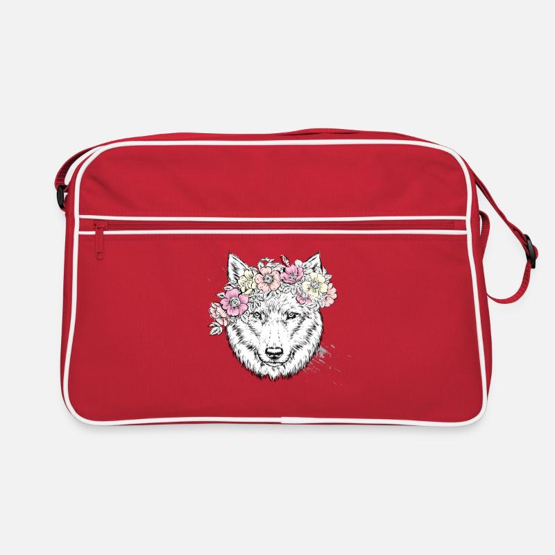 weißer Wolf mit Blumen - Wolf Tshirt Retro Tasche