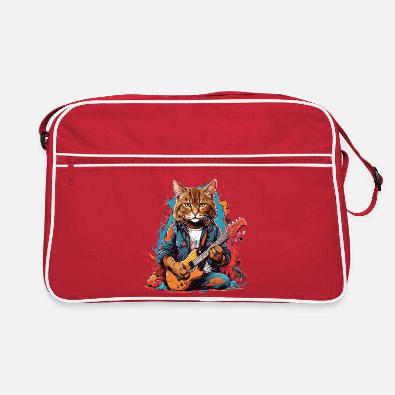 Katze mit Gitarre - Retro Tasche - Rot/Weiß