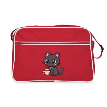 Warme schwarze Katze mit Tee - Retro Tasche - Rot/Weiß - Vorne