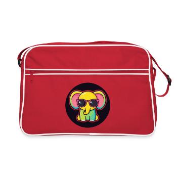 Bunte Elefanten und schwarze Kreisbrille - Retro Tasche - Rot/Weiß - Vorne