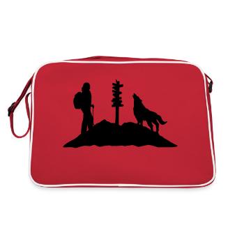 Wandern, Wanderin, Wolf und Berg - Retro Tasche - Rot/Weiß - Hinten