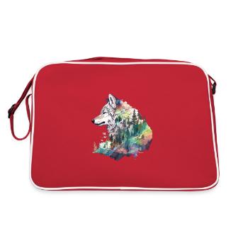 Wolf Wolfskopf Natur Wildnis Wald Bäume Kunst - Retro Tasche - Rot/Weiß - Hinten