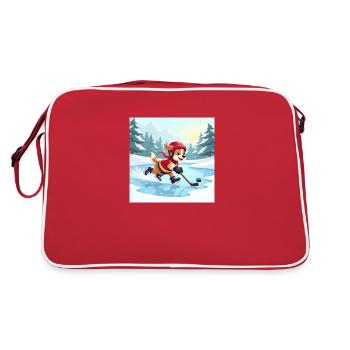 Cartoon dog playing hockey on pond in winter - Retro Bag - red/white - Back
