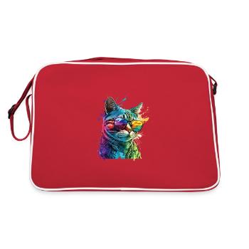 Katze Mit Sonnenbrille Splash Bunt Tier Kunst - Retro Tasche - Rot/Weiß - Hinten