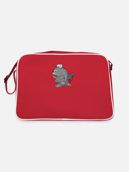Surfer Bär Surfen Surfbrett Wellenreiten grau - Retro Tasche - Rot/Weiß - Hinten