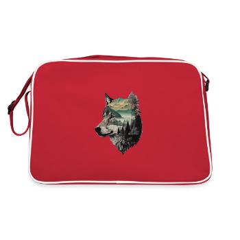 Wolf Wolfskopf Natur Wildnis Wald Bäume Kunst - Retro Tasche - Rot/Weiß - Hinten