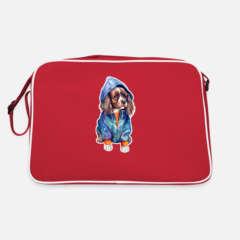 Funny spaniel in dog clothes. Retro Bag