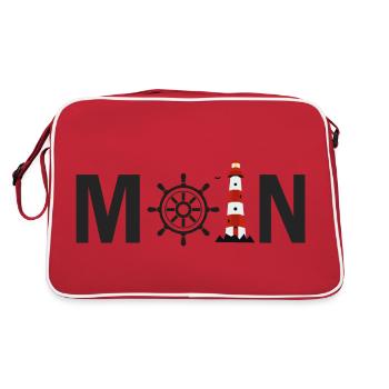 Moin mit dem Schiffsrad und dem Leuchtturm - Retro Tasche - Rot/Weiß - Hinten