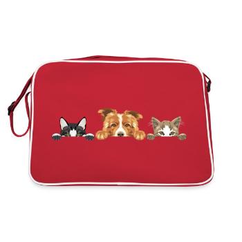 Cute peeking Border Collie dog and two cats - Retro Bag - red/white - Back
