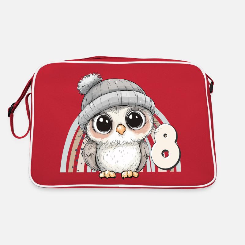 8. Geburtstag Eule Regenbogen Süß Niedlich - Retro Tasche - Rot/Weiß