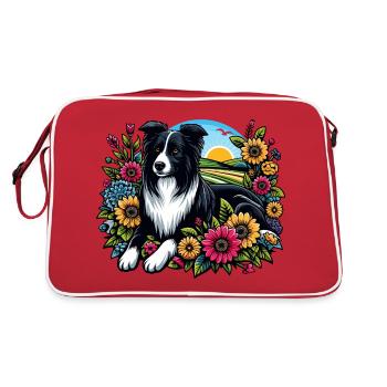 Border Collie Cottage Core Flowers - Retro Bag - red/white - Back
