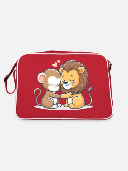 Cuddling Monkey And Lion In Love - Retro Bag - red/white - Back