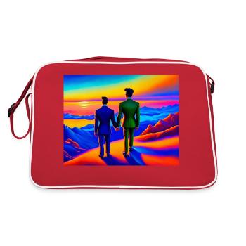 Liebespaar auf farbenfrohem Berg - Retro Tasche - Rot/Weiß - Hinten