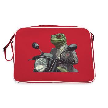 Un reptile vert bien habillé sur une moto - Sac Retro - rouge/blanc - Dos