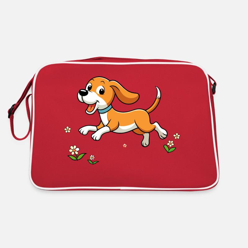 Fröhlicher Beagle läuft auf dem Feld - Retro Tasche - Rot/Weiß
