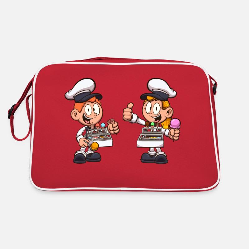 Junge und Mädchen verkaufen Eis Retro Tasche