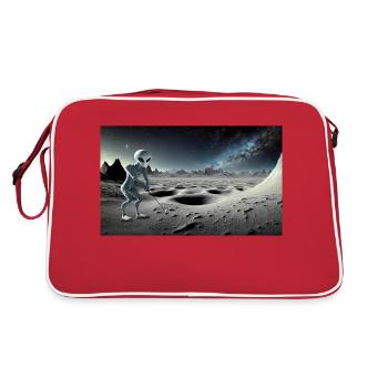 grey alien on the moon surface – playing golf - Retro Bag - red/white - Back