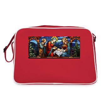 Jesus, Mary, and Joseph. Christian Christmas. Love & Peace - Retro Bag - red/white - Back