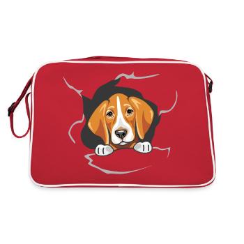 Un foxhound jette un coup d’œil à travers le papier déchiré - Sac Retro - rouge/blanc - Dos