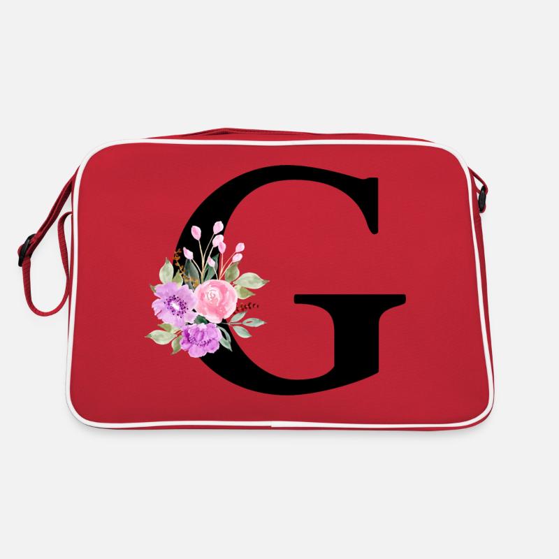 Lila Blumenbuchstabe g Retro Tasche