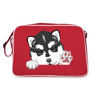 Welcoming peeking husky puppy - Retro Bag - red/white - Back