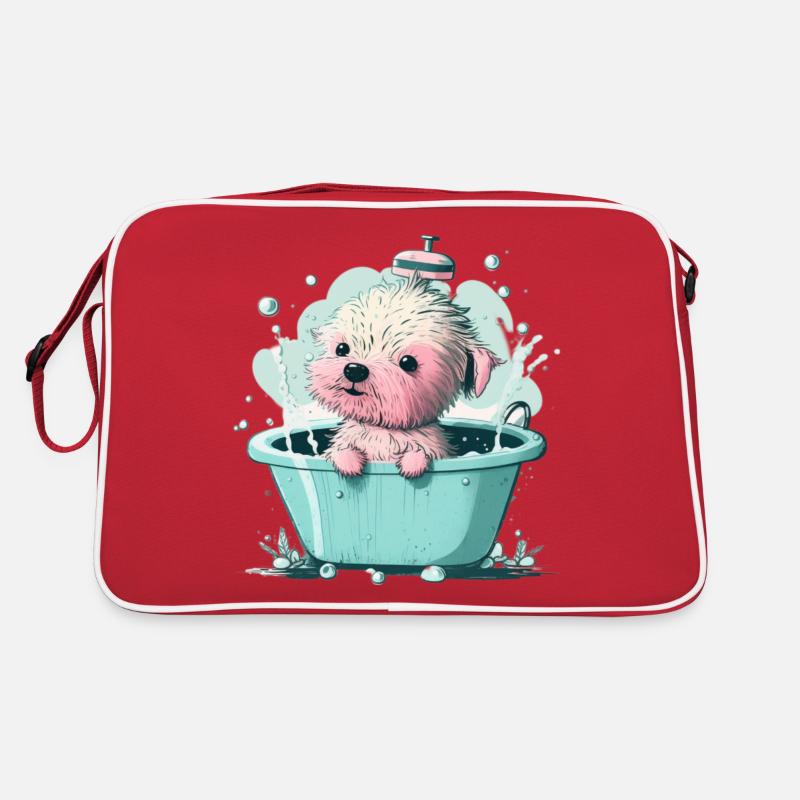 Süsser junger Hund in der Badewanne Retro Tasche