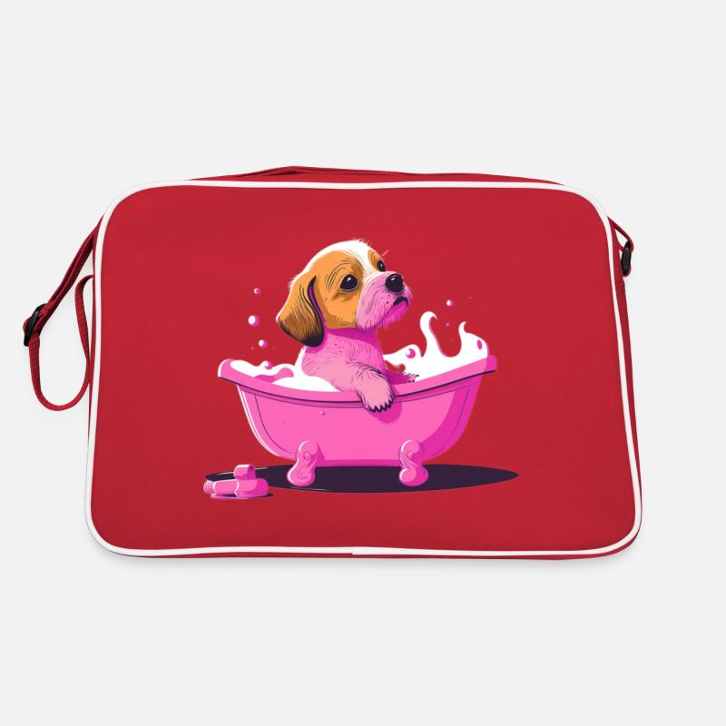 Süsser junger Hund in der Badewanne Retro Tasche