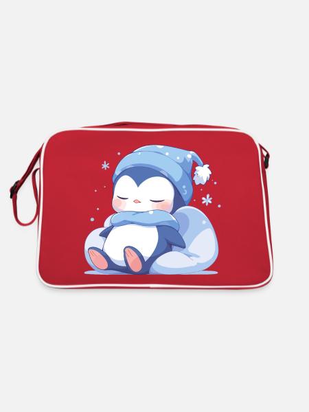 Pinguin Schläft Schlafshirt Schlafanzug Süß Tier - Retro Tasche - Rot/Weiß - Hinten