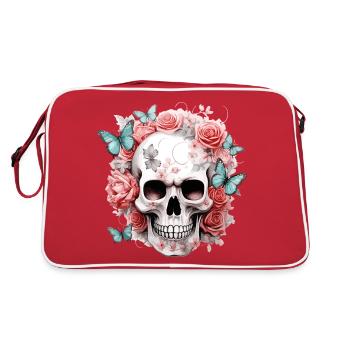 Crâne, Crâne, Roses, Fleurs, Papillons - Sac Retro - rouge/blanc - Dos