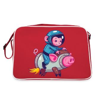 Schwein und Affe als Astronauten - Retro Tasche - Rot/Weiß - Hinten
