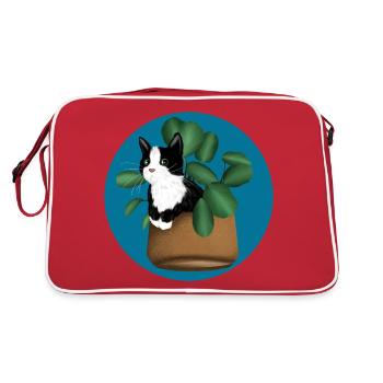 Freche Katze im Blumentopf Blumen Katzenliebhaber - Retro Tasche - Rot/Weiß - Hinten