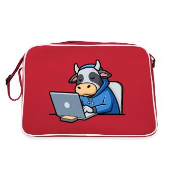 Cute hacker cow sleeps in a hoodie in front of the PC - Retro Bag - red/white - Back