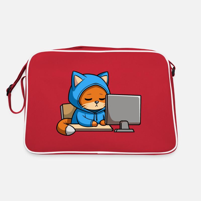 Un chat hacker mignon dort dans un sweat à capuche devant le PC Sac Retro