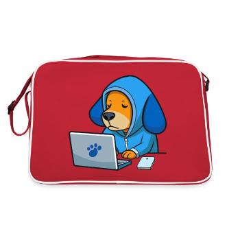 Un chien hacker mignon dort dans un sweat à capuche devant le PC - Sac Retro - rouge/blanc - Dos