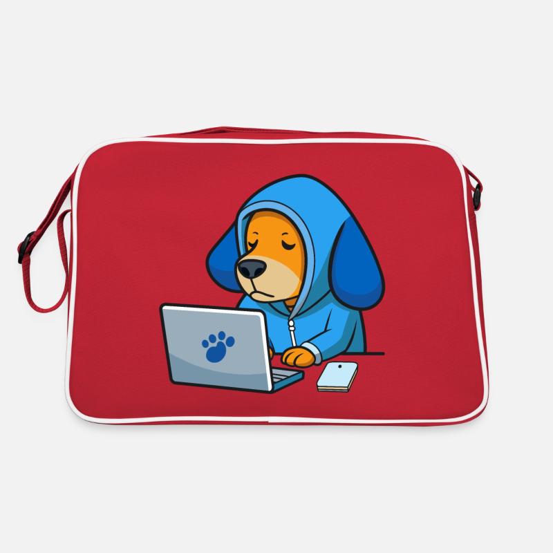 Un chien hacker mignon dort dans un sweat à capuche devant le PC Sac Retro