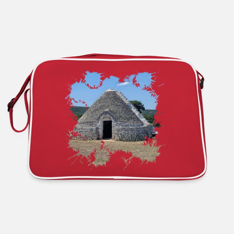 Die weißen Trulli Häuser in Alberobello - Retro Tasche - Rot/Weiß