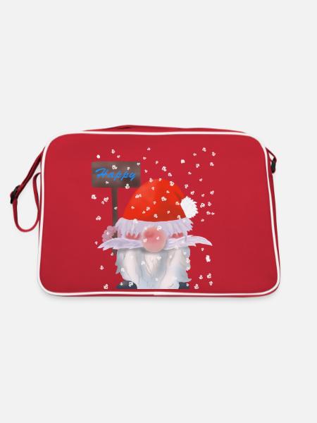 Winter Wichtel, Weihnachtszwerg, Kobolt im Schnee, - Retro Tasche - Rot/Weiß - Hinten
