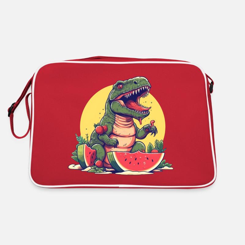 Dino T-Rex mit Melone und Erdbeere - Sunset Design - Retro Tasche - Rot/Weiß