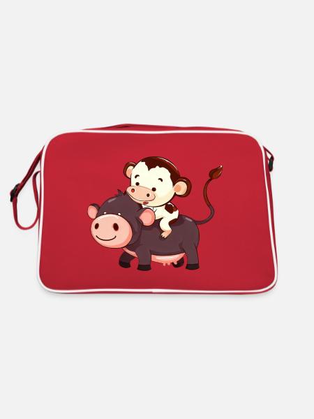 Monkey Riding on Cow Funny Animal Game Design - Retro Bag - red/white - Back