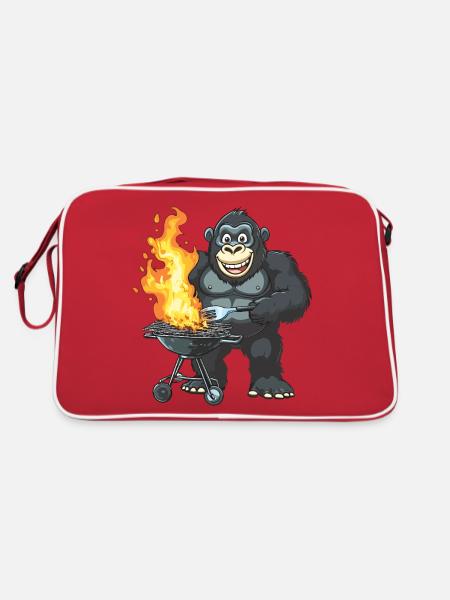 Grillen Grilla Griller Gorilla BBQ Lustig Witzig - Retro Tasche - Rot/Weiß - Hinten