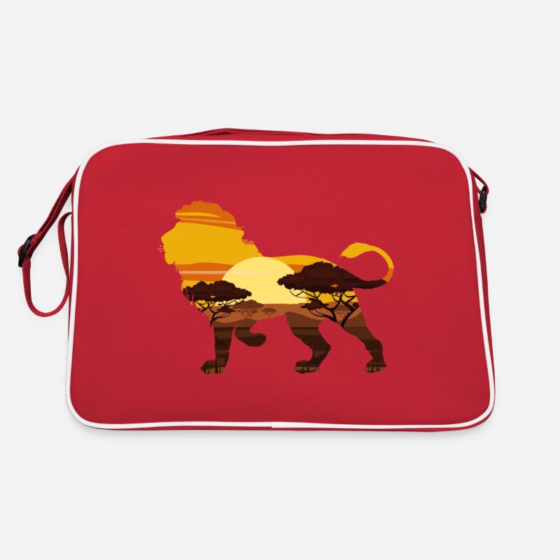 Ein Löwe mit afrikanischer Savannenlandschaft Retro Tasche