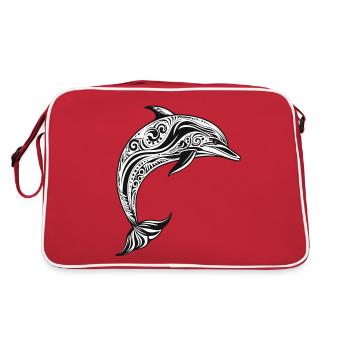 Delphin mit Maori-Motiven - Retro Tasche - Rot/Weiß - Hinten